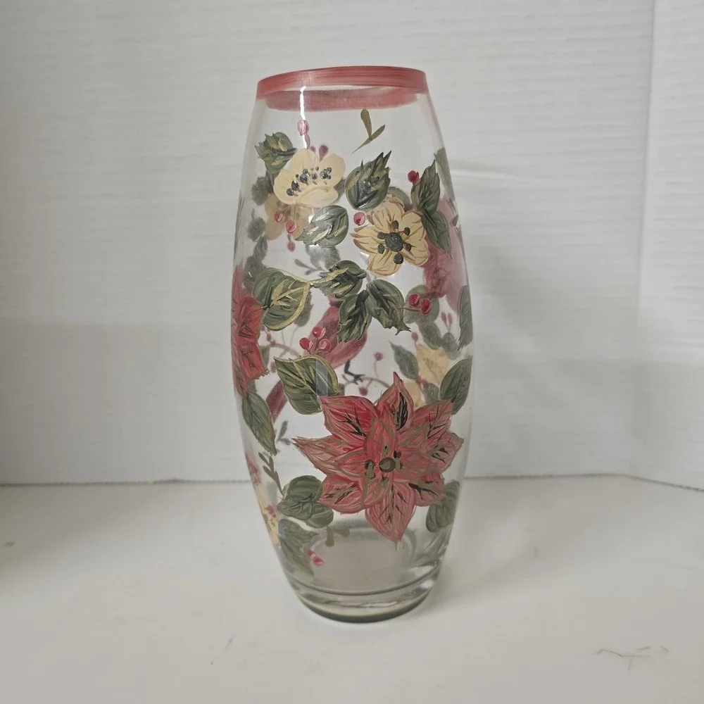 Hand Painted Glass Vase Red Cardinal Poinsettia Floral Winter Holiday‎ Decor
